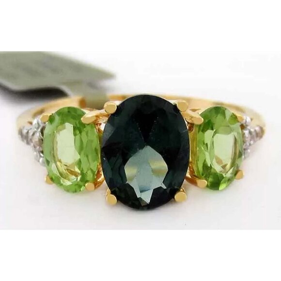 Genuine 1.32 Cts Tsavorite, Peridot & Diamond Ring 10k Gold